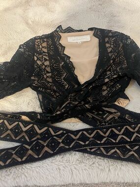 Jen's Pirate Booty Black and Nude Lace-Trim Wrap Top